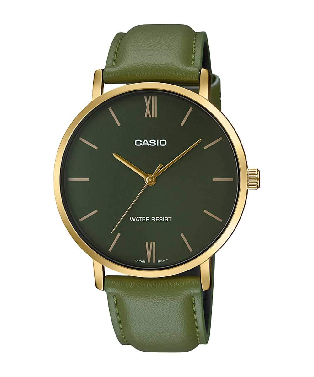 

Casio Minimalistic Gold Tone Green Leather Band Green Dial Analog Watch MTP-VT01GL-3B Mens 3-Rock синий