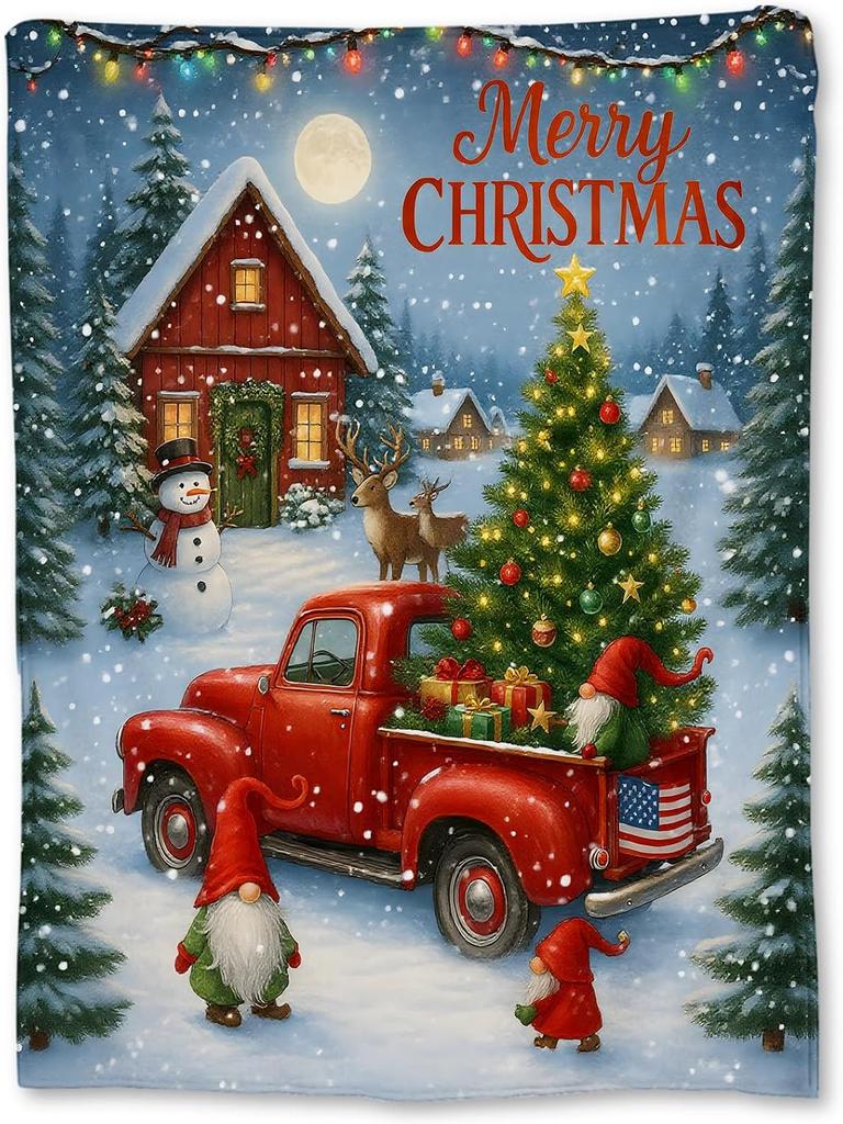 Christmas Tree Blanket, Soft Lightweight Flannel Red Truck Gnomes Snowy Cabin Throw Blanket for Couch, Bed, Travel & Home Decor