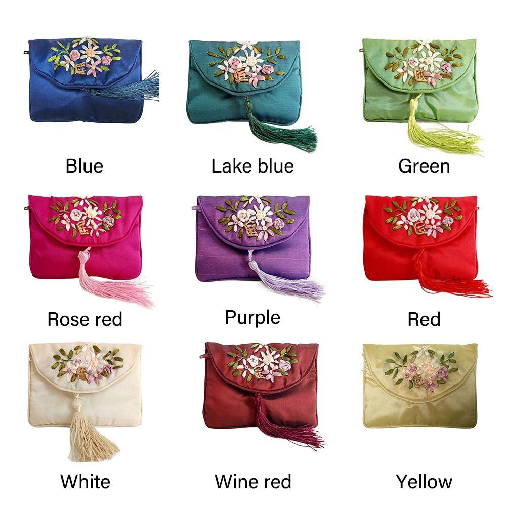 Embroidered Flower Women Tassels Handbags Retro Handmade Zipper National Small Bag Card Storage Ethnic Style Coin Purse