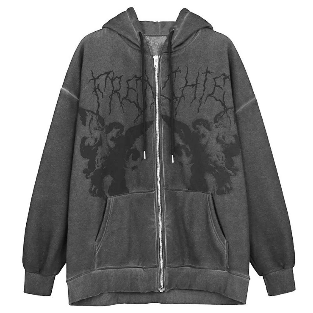 

Мужская и женская куртка с капюшоном и принтом в виде букв ангела в стиле ретро, свободная куртка-молния в эстетическом стиле Y2K и карманы с длинными рукавами на осень/зиму S