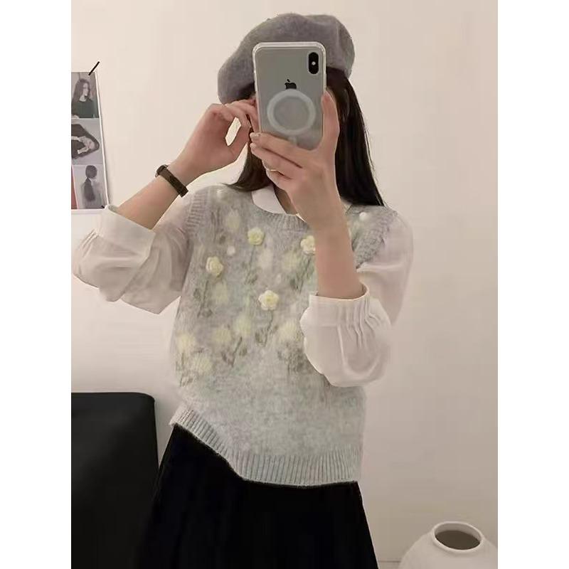 Gentle three-dimensional flower soft waxy sweater jacket women's autumn and winter new loose crew neck sweater vest knitted cardigan women