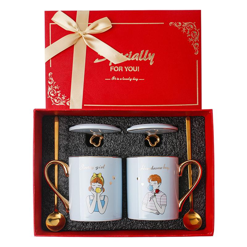

A Pair Of Ceramic Coffee Mugs Set With Tray And Spoons For Wedding Engagement Or Couples Anniversary Valentines Christmas Gifts 301-400ml синий