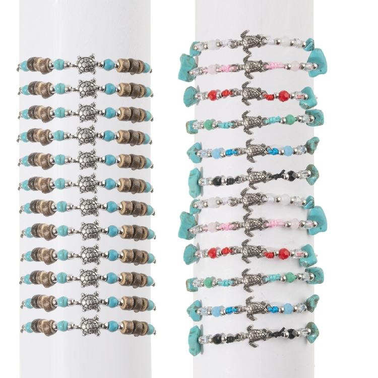 Pack of 12 Adjustable Handcrafted Turtles Bracelet Set Fashion Wristbands with Turquoise Crystal Wood Bead Details