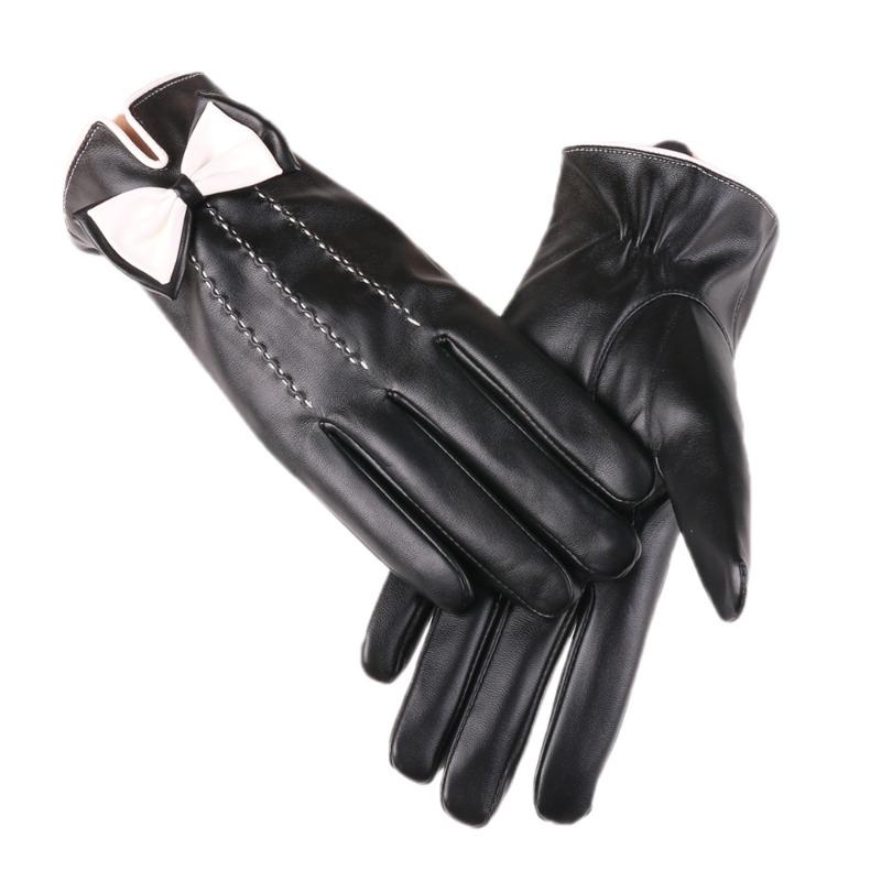 

Теплые кожаные перчатки осень и зима женские кожаные с бантом флисовые холодостойкие флисовые для улицы для верховой езды перчатки с сенсорным экраном чёрный