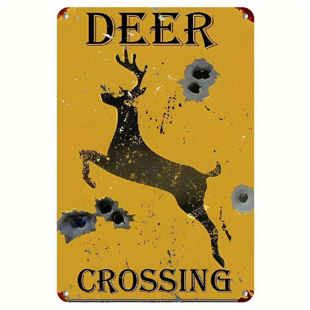 Vintage Deer Crossing Metal Tin Sign Retro Bullet Hole Style Warning Sign Wall Art Decor for Hunting Cabin Farmhouse Man Cave Ou 20x30cm（7.8x11.8inch）