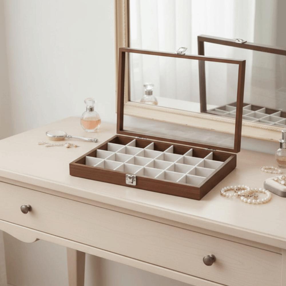 Retro Jewelry Display Tray Decorative Rectangle Watch Display Tray with Compartments Visible Glass-Lid Box Earring Storage