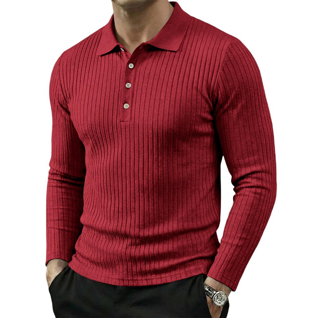 Men's Long Sleeve Polo Shirt Ribbed Texture Casual Lightweight Breathable Sport Top with Button Placket Classic Collar for Spring Autumn