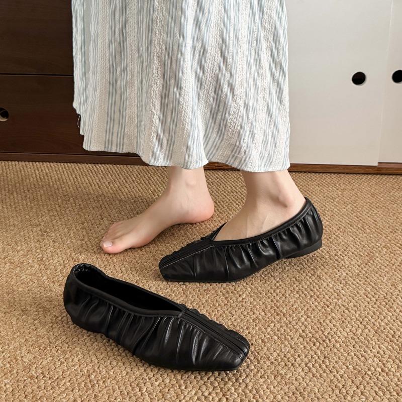 Fashion Retro Handmade Pleated Flat Heels Shoes Women Soft Real Leather Loafers Women Square Toe Ballet Shoes Casual Lazy Shoes Women