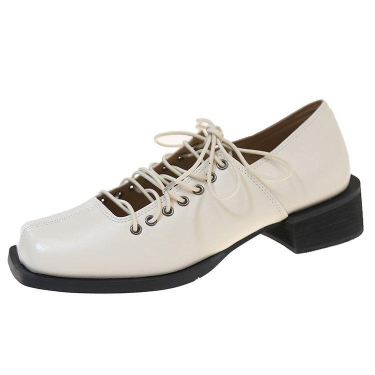 Women's Soft Leather High Heel Pumps Girls British Style Hollow Lace-up Uniform Shoes Shallow Mouth Female Sandals Plus Size 42