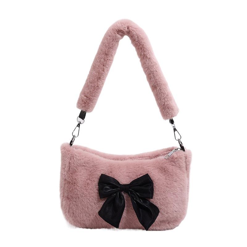 Handheld fluffy women's bag, new autumn and winter plush bag, cute bow small square bag, shoulder messenger bag.