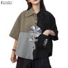ZANZEA Women Casual Turn Down Collar Loose Short Sleeve Patchwork Blouse