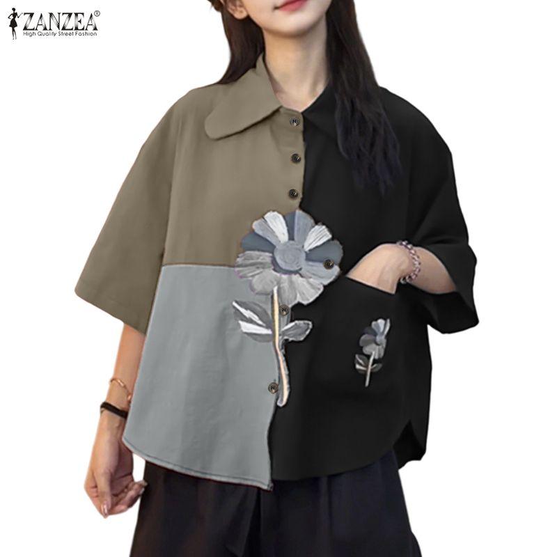 ZANZEA Women Casual Turn Down Collar Loose Short Sleeve Patchwork Blouse