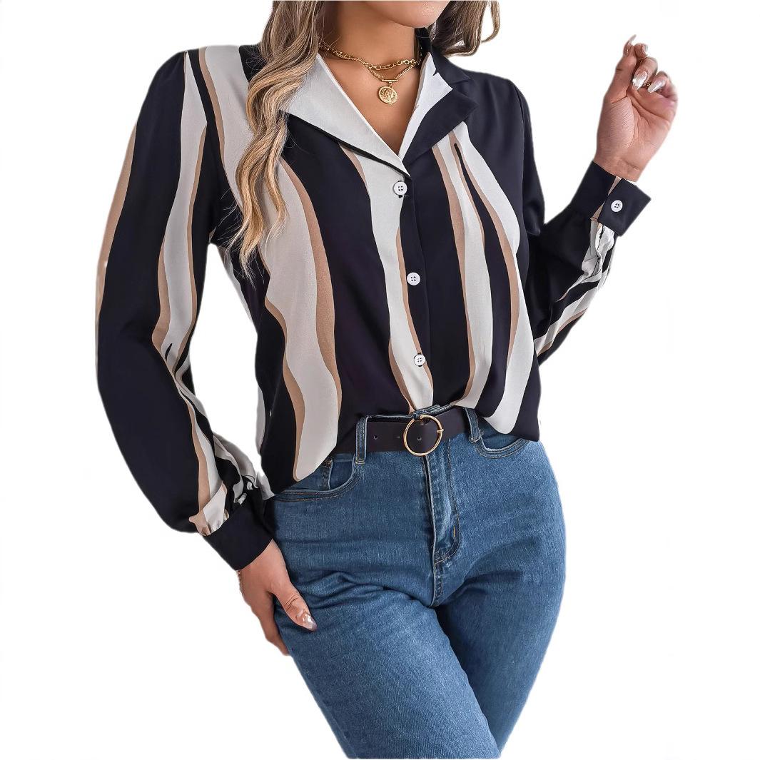 Женская повседневная универсальная рубашка с воротником-стойкой, длинным рукавом, контрастной полоской, весна-осень 2026 S чёрный