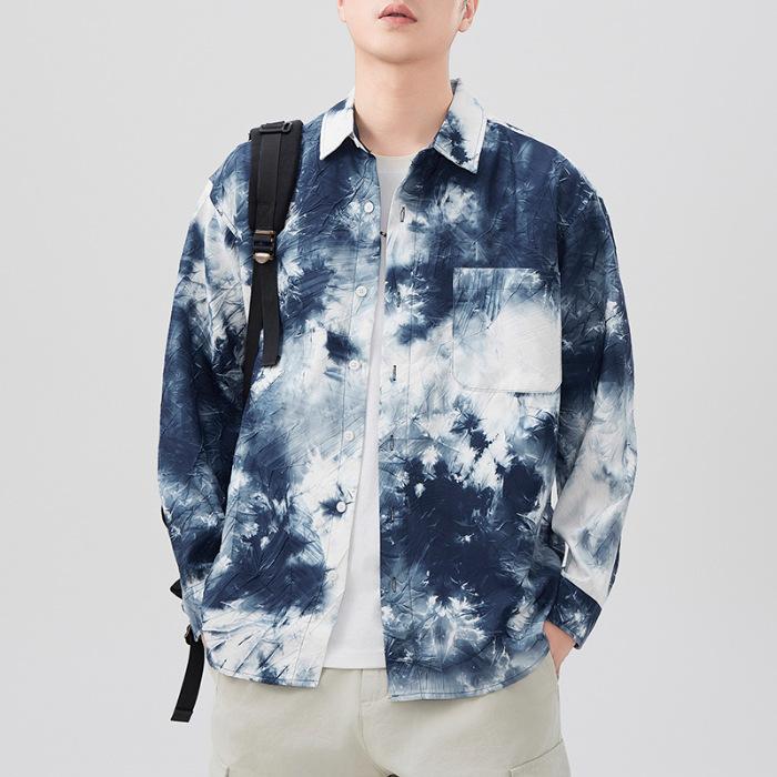 

Весна Новая Японская Ретро Мужская Свободная Рубашка Цвет Тай-дай Принт Повседневная Американская Рубашка 4XL