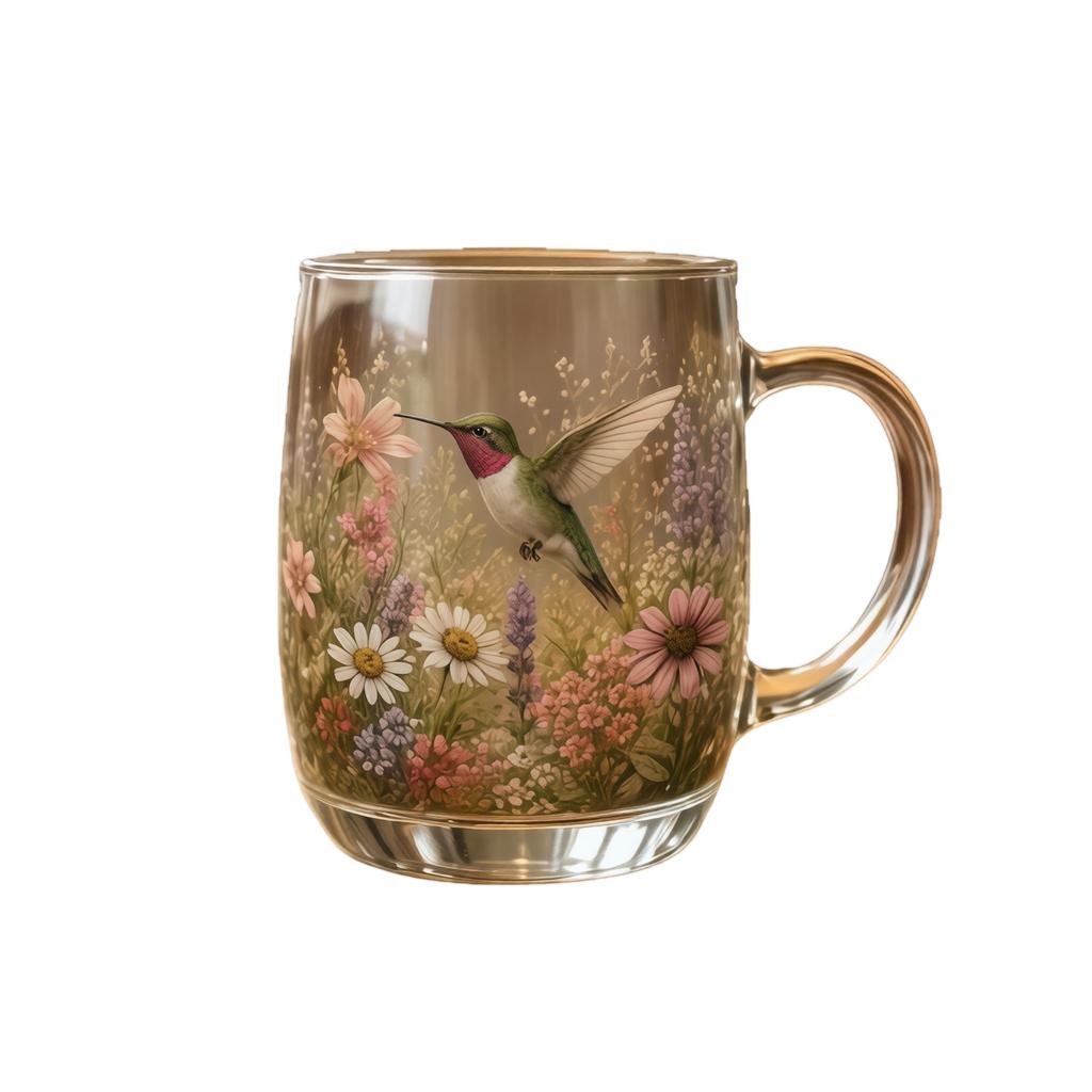 Glass Mug with Floral and Hummingbird Design Handcrafted Glassware Suitable for Hot and Cold Beverages Durable and Clear Glass Cup with Handle