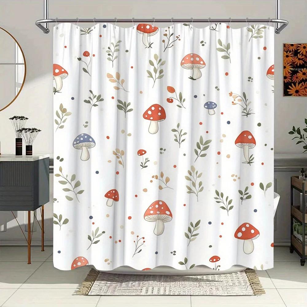 

Whimsical Mushroom & Plant Shower Curtain - Watercolor Nature Design, White Background, Machine Washable, Bathroom Decor W90xH180cm