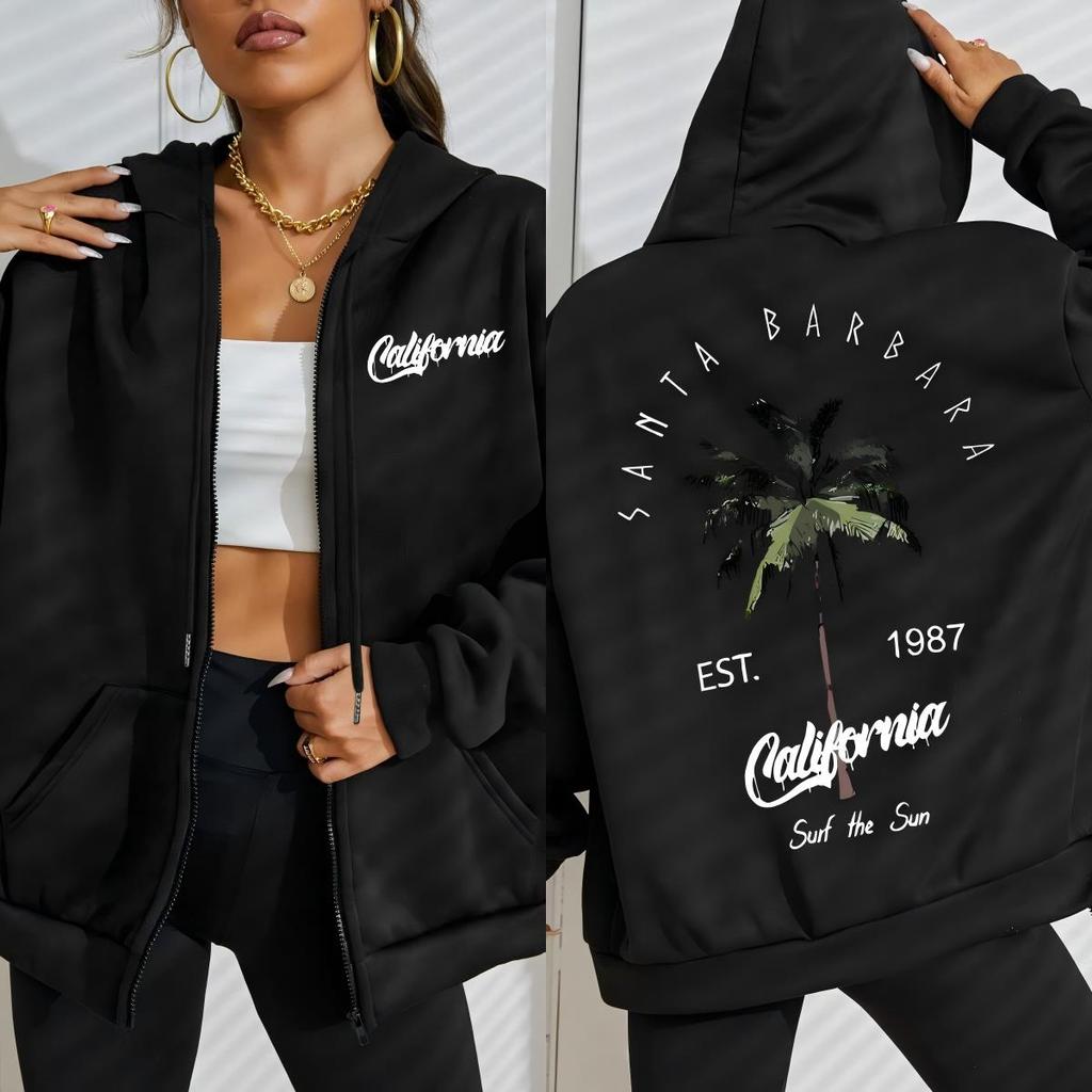 Galafonia Coconut Palm Santa Barbara Print Female Zipper Hoody Hip Hop Fleece Hoodies Streetwear Women Clothing