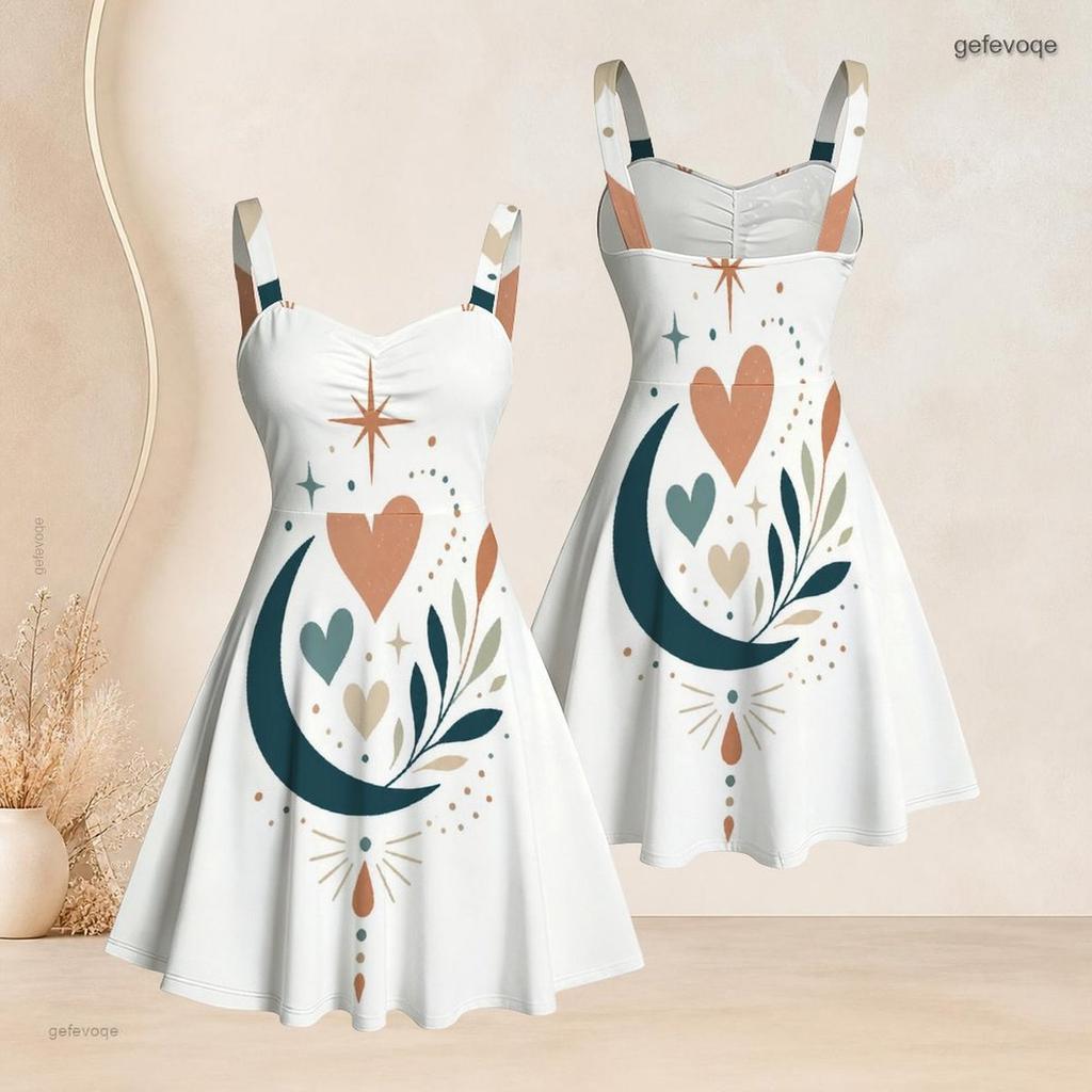 Women Plus Size Spaghetti Strap Off Shoulder Dress Constellation Shooting Star Celestial Print Swing Dress