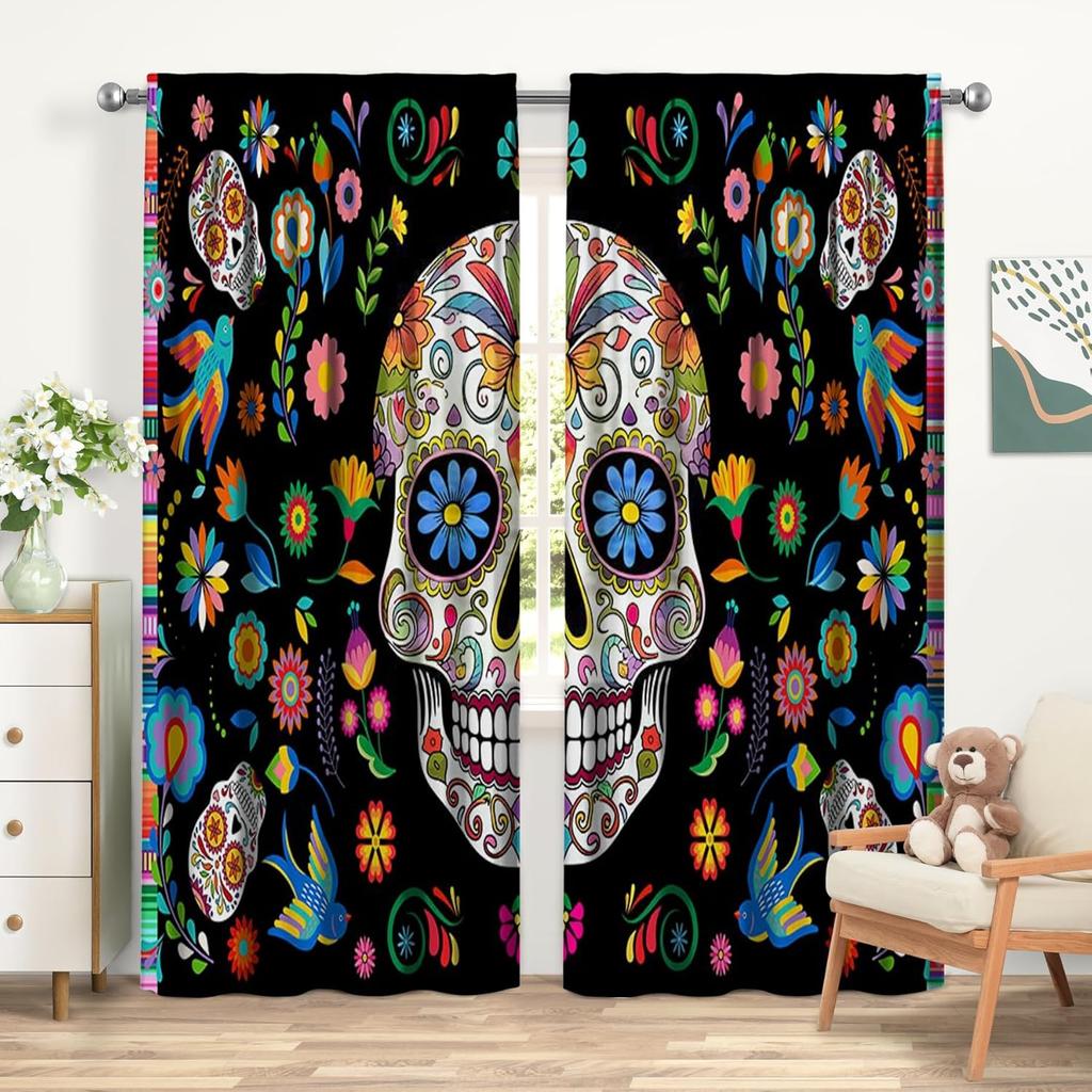 Day of The Dead Curtains for Living Room Mexican Fiesta Sugar Skull Flowers Rod Pocket Window Drapes for Bedroom and Home Decor