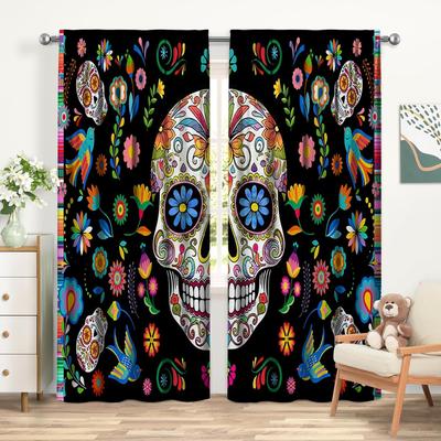Tag der Toten Vorhänge für Wohnzimmer Mexikanische Fiesta Zuckerschädel Blumen Stangentasche Fenster Vorhänge für Schlafzimmer und Heimdekoration
