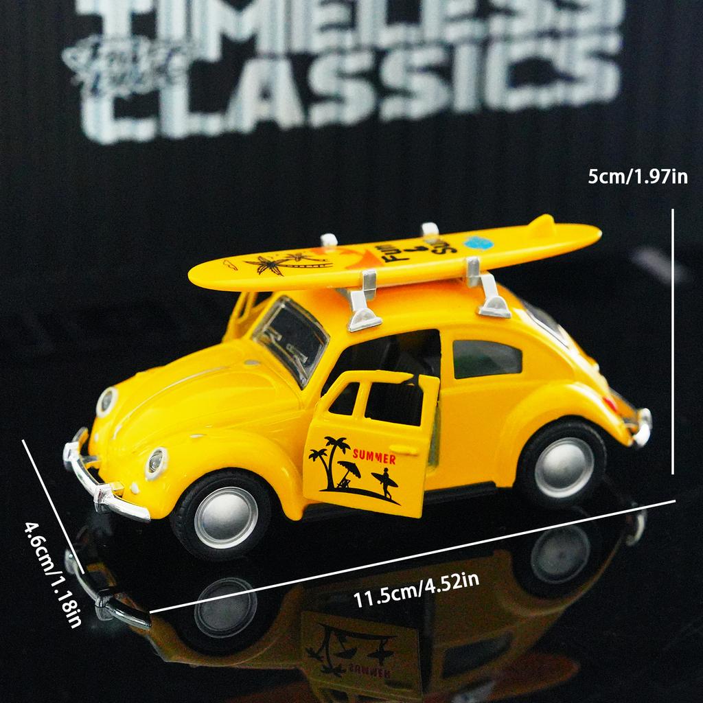 Vintage 1:32 Yellow Beetle Diecast Car With Surfboard Retro Pull-Back Model Toy Open Doors Collectible For Kids Car Fans