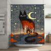 Whimsical Black Cat Moonlit Night Shower Curtain Autumn Leaves Stars Print Bathroom Decor Fabric Various Sizes Available