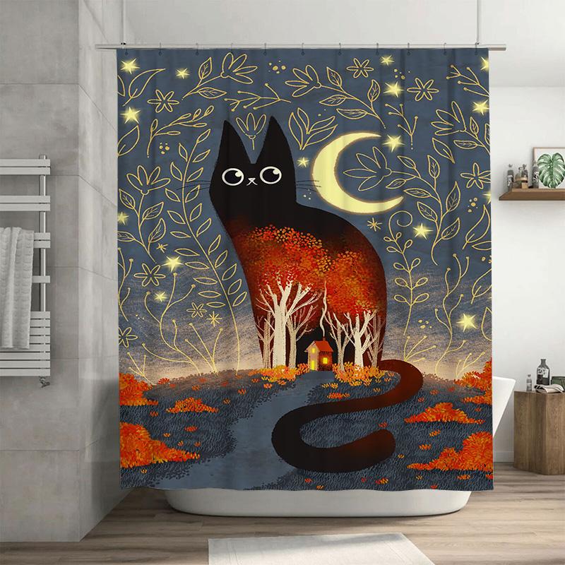 

Whimsical Black Cat Moonlit Night Shower Curtain Autumn Leaves Stars Print Bathroom Decor Fabric Various Sizes Available 90x180cm