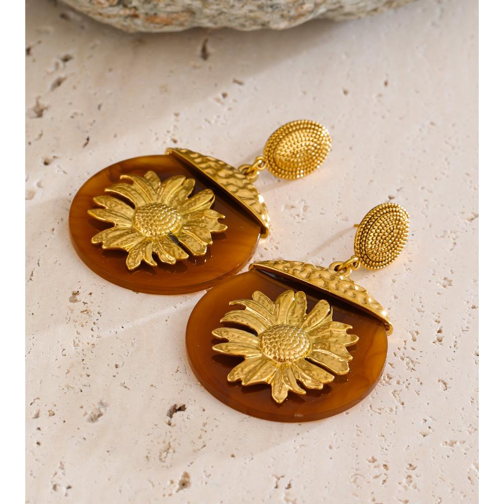 Eetit New Resin Acrylic Round Sun Flower Drop Dangle Earrings Golden Stainless Steel Autumn Winter Style Jewelry Waterproof Gift