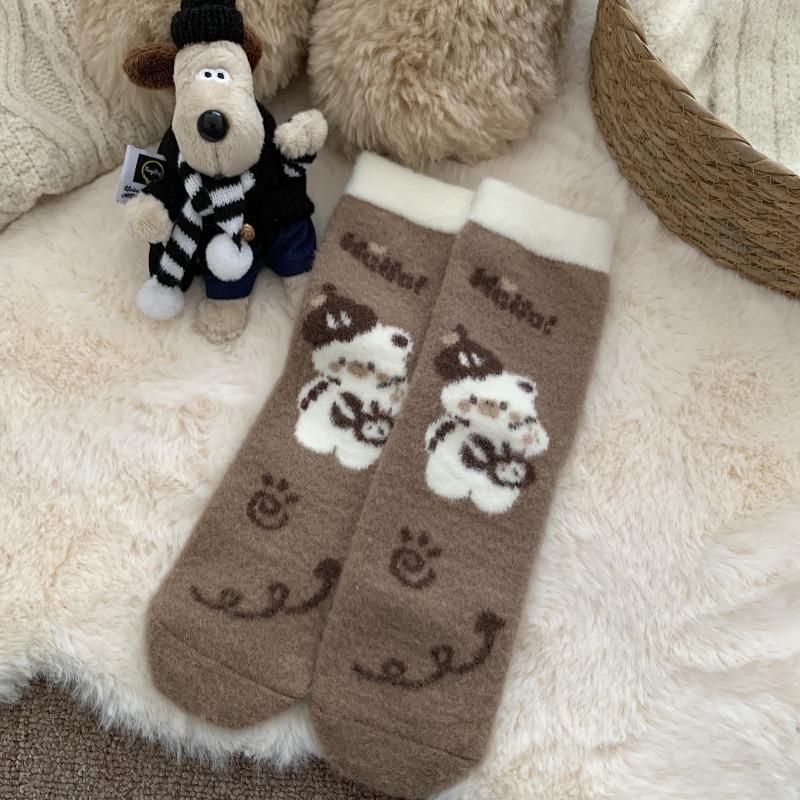 Little Bear Cookie Coffee-colored Australian Velvet Socks for Women, Thickened with Velvet, Warm and Cute, Autumn and Winter Sleeping Floor Socks