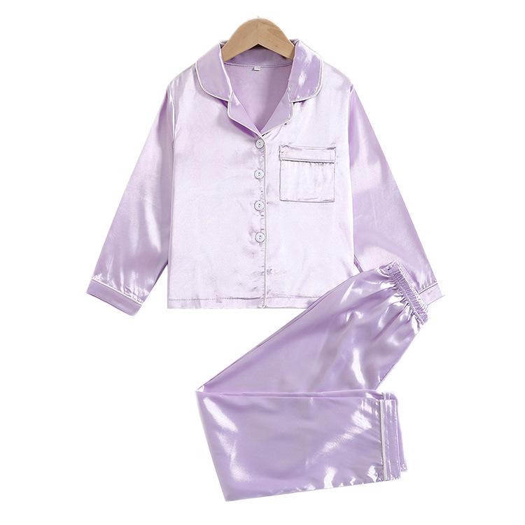 Satinähnliches Pyjama-Set aus Eisseide für Kinder – einfarbig, langärmlig, leicht, zweiteilig für Mädchen