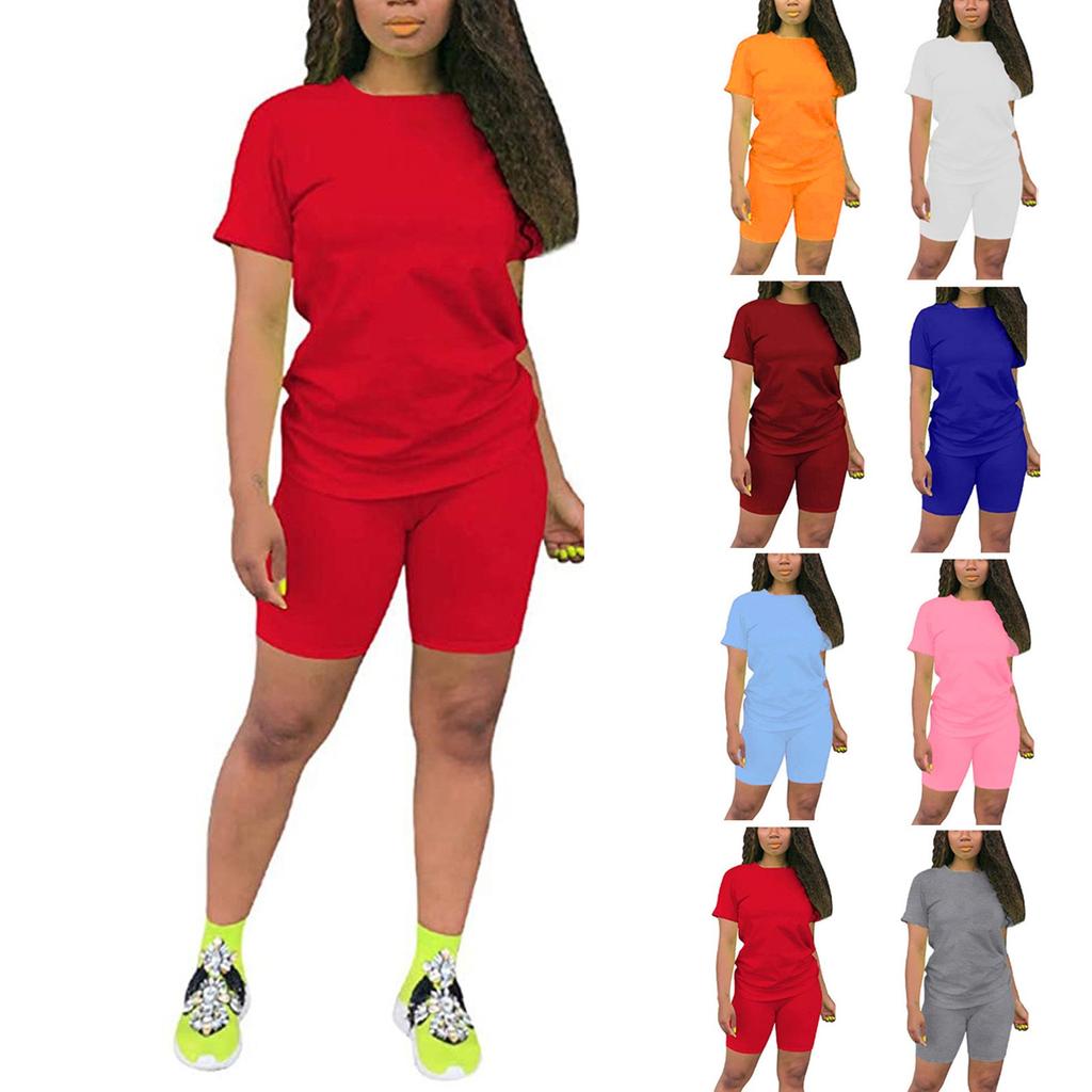 Women's 2 Piece Casual Sports Solid Color Suit Short Sleeve Top And Pants Set