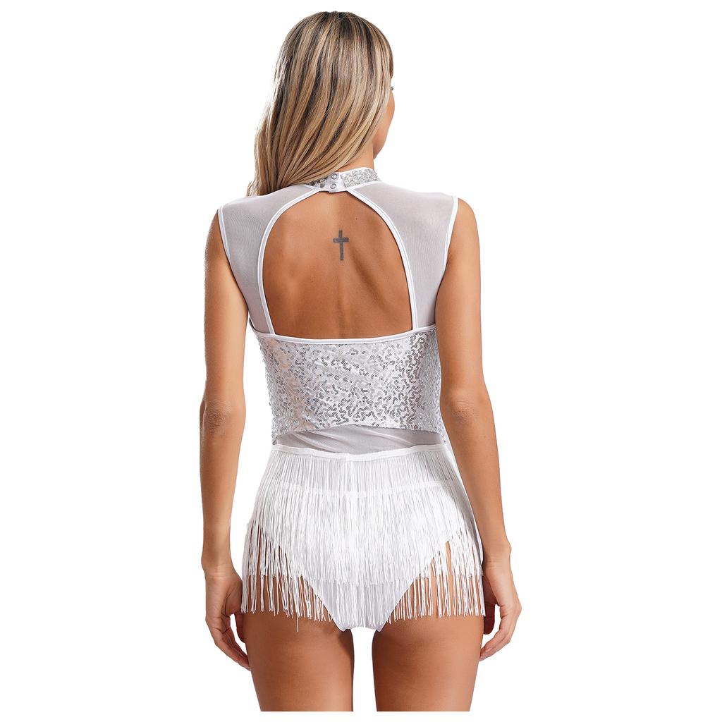 Rochie body cu franjuri pentru femei Design cu guler strasuri strălucitoare Patchwork din plasă Detaliu cu paiete Îmbrăcăminte pentru dans Latin