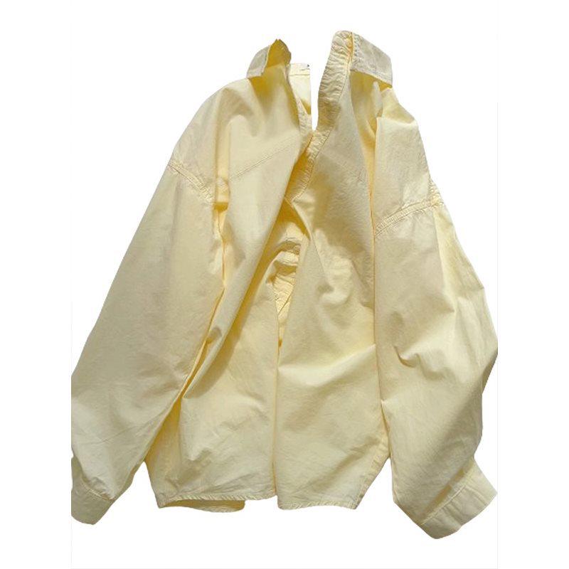 Women's Milky Yellow Layered Long-Sleeve Loose Shirt Jacket - Petite Casual Spring/Autumn Top