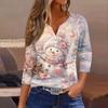 Women's Fashion Casual Christmas Print V-Neck Button Three-Quarter Sleeve T-Shirt Top