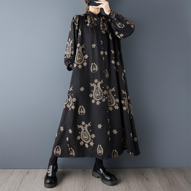 DIMANAF Frühling Herbst Übergröße Damen Hemdkleid Langarm Schwarz Druck Blumenmode Dame Locker Lässig 2026