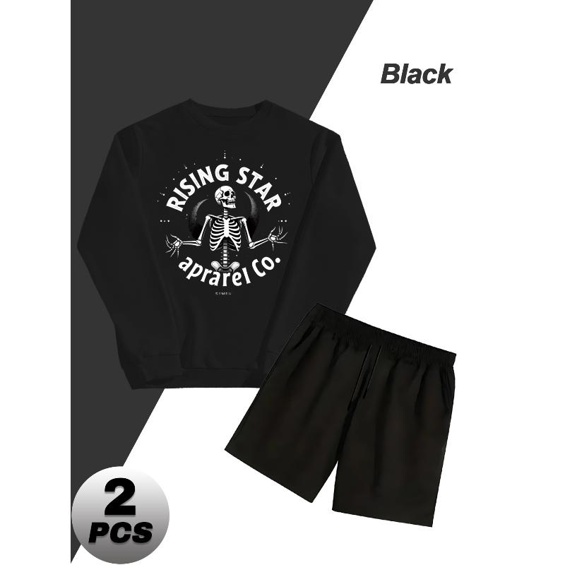 Polyester 2 Piece Men s Crew Neck Sweatshirt Shorts Set Comfy Gym Lounge Outfit XXL чёрный