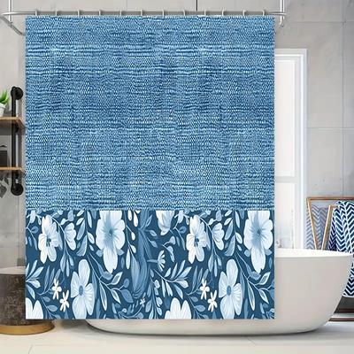 Blauer Badteppich Duschvorhang mit Weißem Blumendesign für Badezimmerdeko Rutschfester Teppich für Badewannenbereich Größe: 72 x 84 Zoll