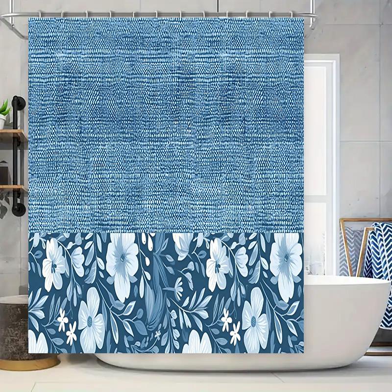 Blue Bath Mat Shower Curtain with White Floral Design for Bathroom Decor Non-Slip Rug for Bathtub Area Size: 72 x 84 Inches