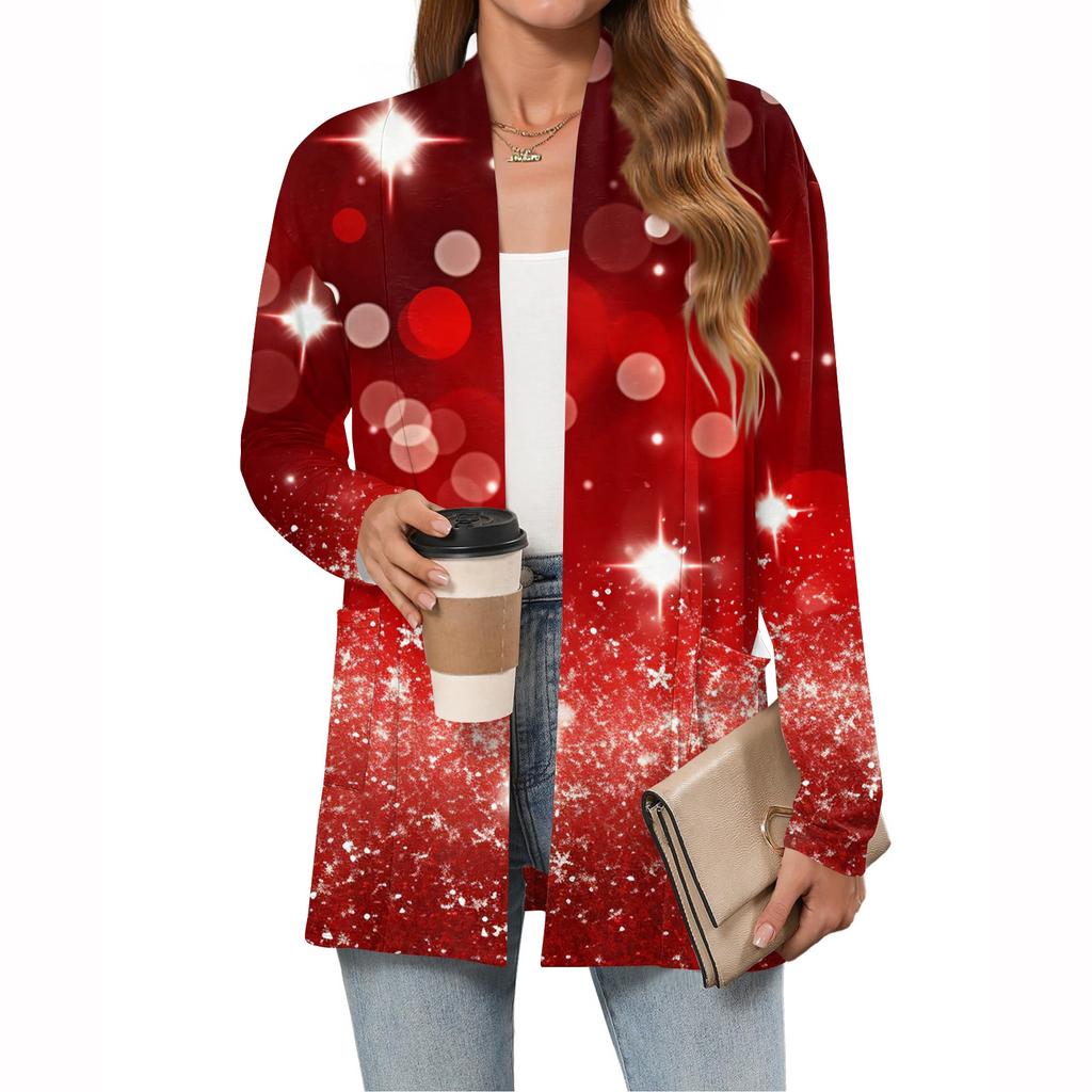 Women's Christmas Printed Lightweight Cardigan Long Sleeved Casual Loose Thin Fit With Pockets Cardigan Jacket
