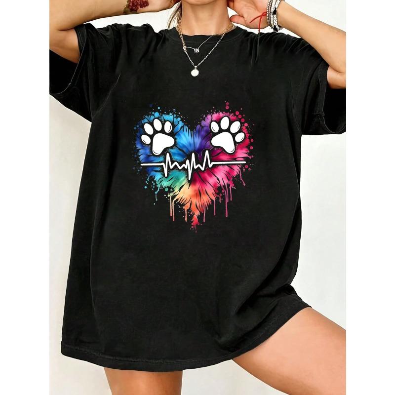 Black Oversized T Shirt With Colorful Paw Print Heart And Ecg Design For Casual Wear And Pet Lover Outfits