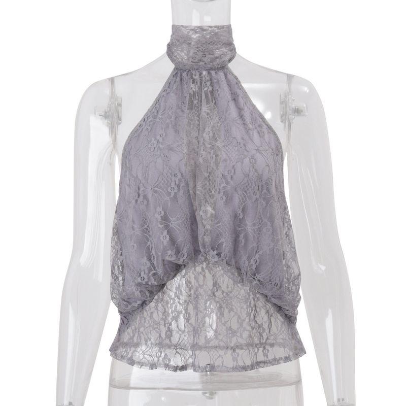 

European and American Style Women s Clothing 2026 Spring New Fashion Stylish High-Neck Lace Sleeveless Backless Asymmetrical Top Light Purple S