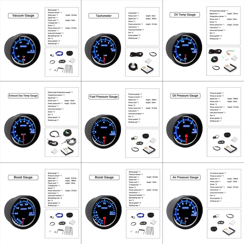 Universal 2" 52mm 10 Color Turbo Boost Gauge LED 12V Racing RPM Tachometer Water Oil Temperature Meter Red Pointer With Sensor
