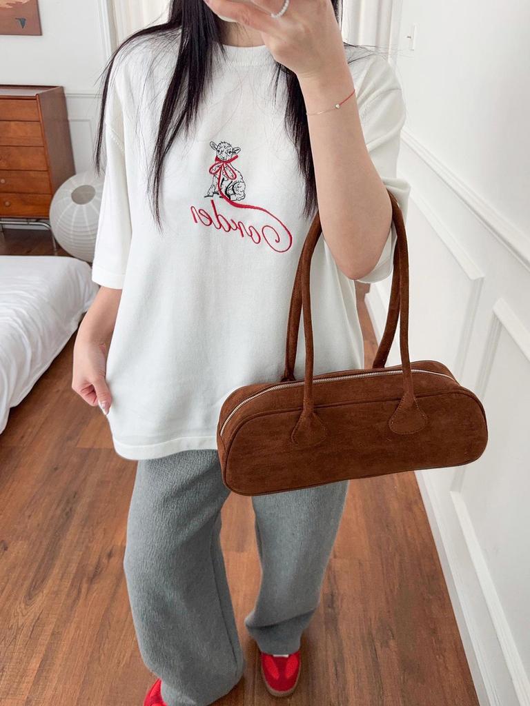 COR Women's White Embroidered Casual T-Shirt - Early Spring Loose Fit, Slim Short-Sleeved Knit with Lamb Design.