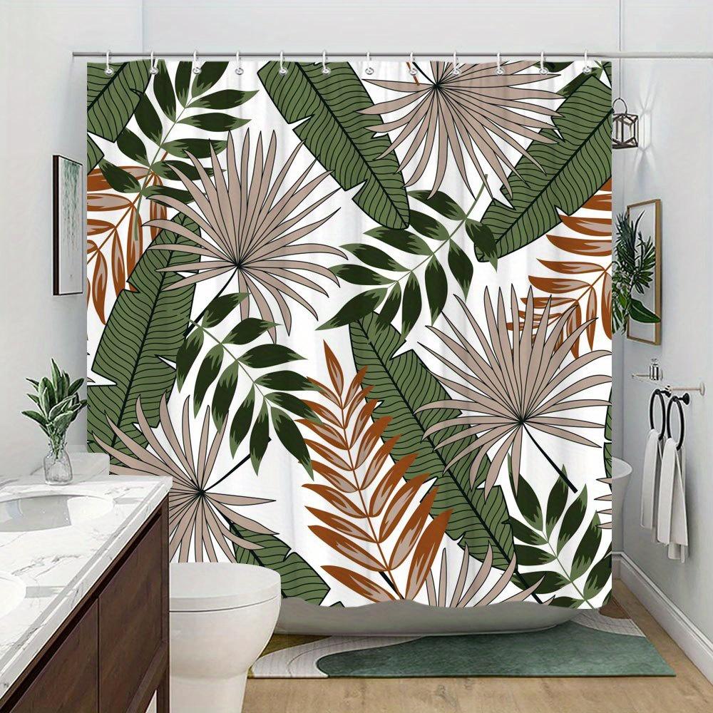1 Tropical Leaves Pattern Shower Curtain, Modern and Simple Design, Green Beige Brown Texture Polyester Fabric, Machine Washable