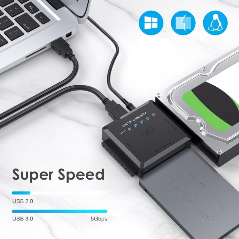 Multifunktions-Festplatten-Schnittstellen-Adapter, USB 3.0 auf SATAs/IDE für 2,5"/3,5" Laufwerke mit One-Touch-Backup, Netzteil im Lieferumfang enthalten