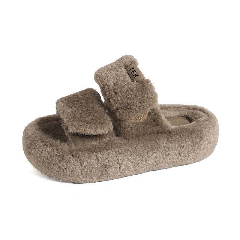 

Platform thermal shoes, black fluffy slippers, women s outer wear 2024 morning, new versatile fashion one-word cotton mop 40 хакі
