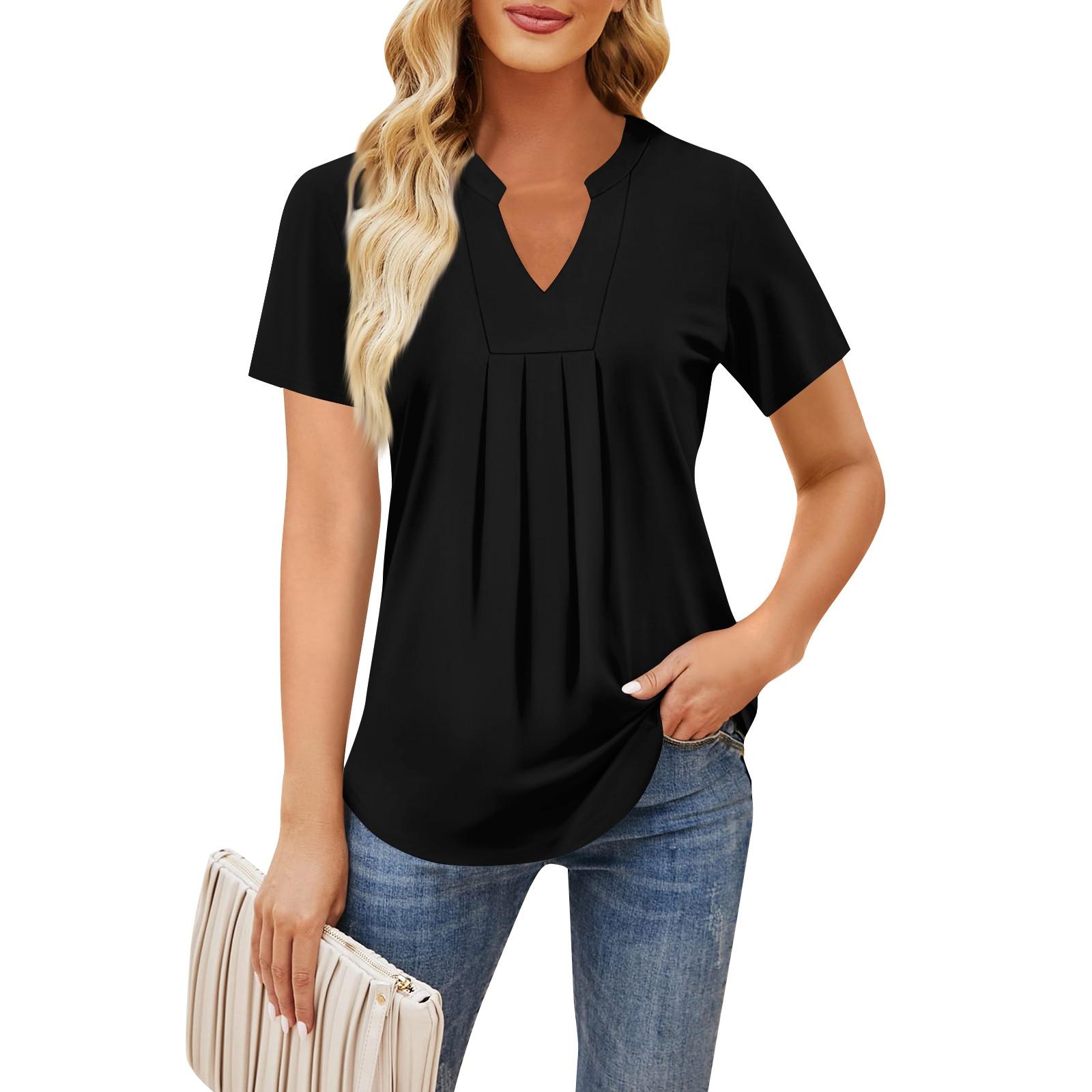 Женская повседневная свободная футболка с коротким рукавом и v-образным вырезом на груди — фото 6