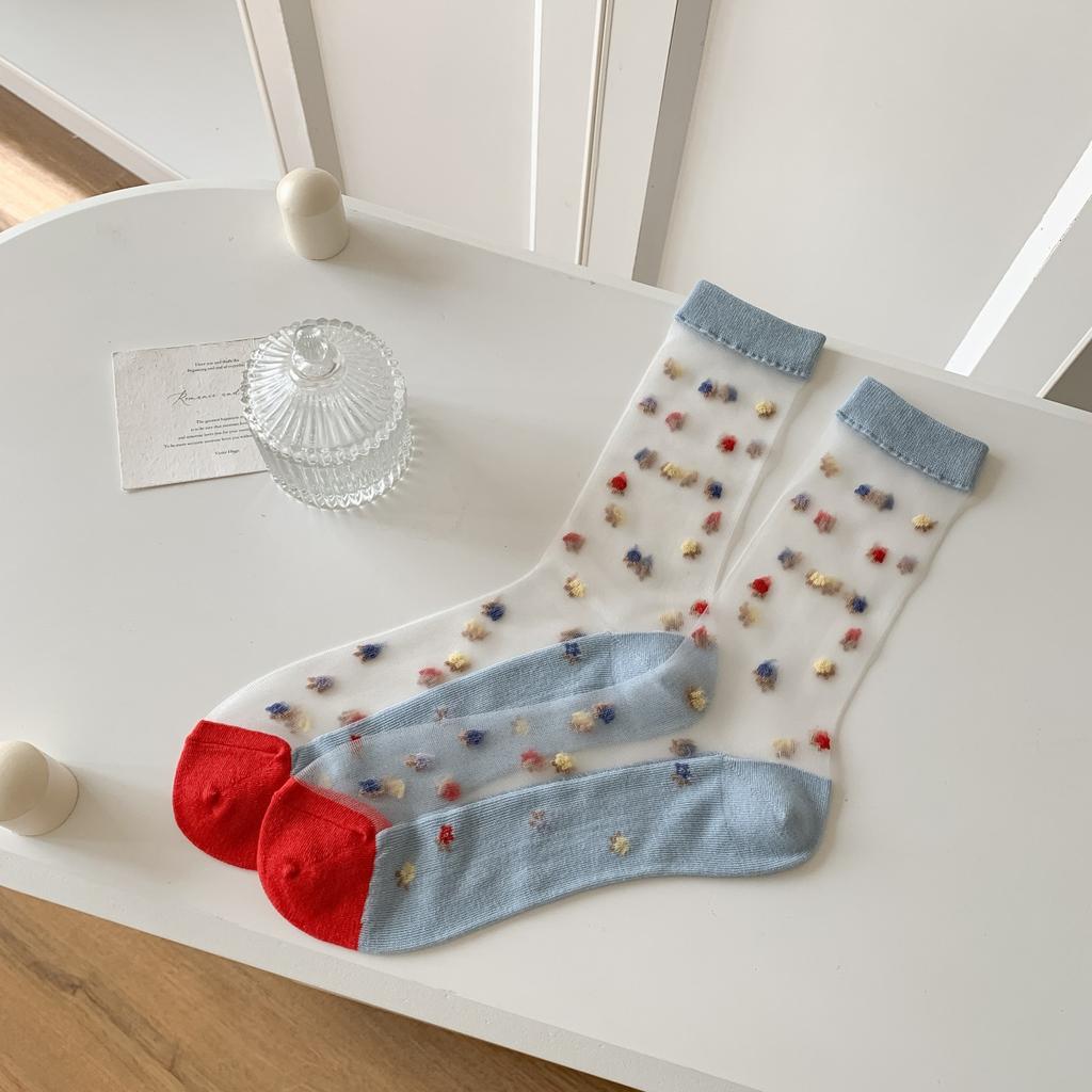 Křišťálové hedvábné ponožky Dámské Letní Ultratenké Průhledné Nylonové Dlouhé Ponožky Květinová Výšivka Japonské Kawaii Roztomilé Síťované Krajkové Ponožky