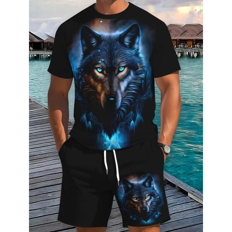 New Lion Print Men's Set Stylish T-Shirt & Drawstring Shorts Set Summer Men's Street Style Two-Piece Sports & Fitness Wear