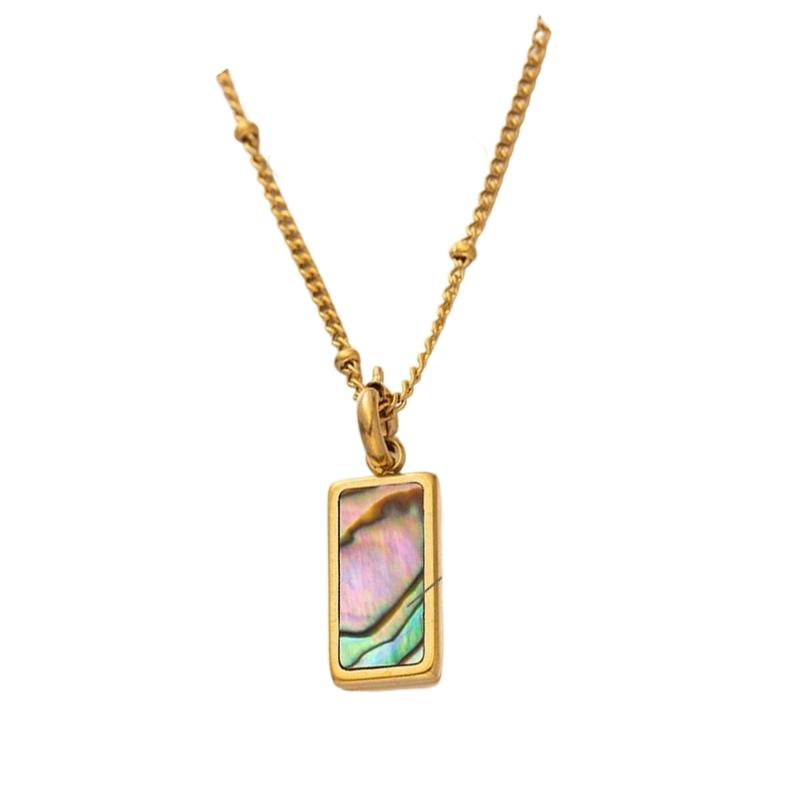 Women Simple Square Pendant Necklace with Removable Charm and Shell Inlay On Sturdy Stainless Steel Chain